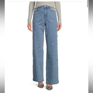 Gianni Bini Embellished Blue Denim high Rise wide leg light rinse Jeans Sz 26‎